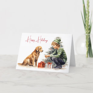 Watercolor Christmas Golden Retriever With Boy Card