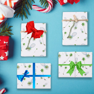 Watercolor Christmas Golf Clubs And Tennis Rackets Wrapping Paper Sheet
