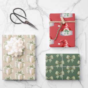 Watercolor Christmas Green Bows and Santa Hats Wrapping Paper Sheet