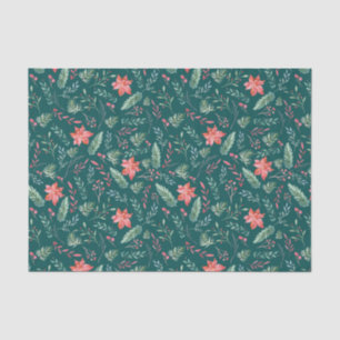 Watercolor Christmas Green Red Florals Dark Green  Tissue Paper