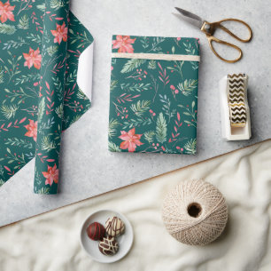 Watercolor Christmas Green Red Florals Dark Green Wrapping Paper