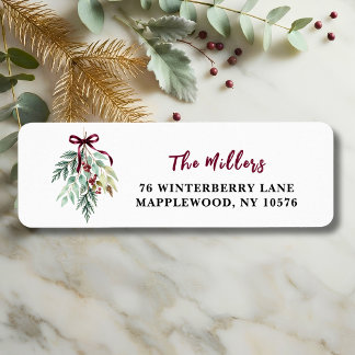 Watercolor Christmas Greenery Burgundy Ribbon