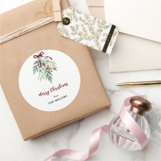 Watercolor Christmas Greenery Burgundy Ribbon Classic Round Sticker