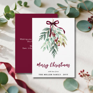 Watercolor Christmas Greenery Burgundy Ribbon Holiday Card