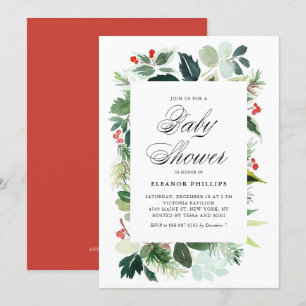 Watercolor Christmas Greenery Frame Baby Shower Invitation