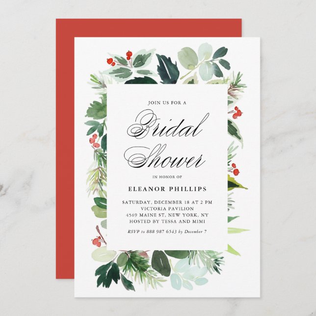 Watercolor Christmas Greenery Frame Bridal Shower Invitation (Front/Back)