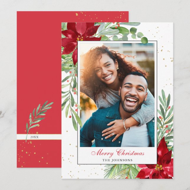 Watercolor Christmas Greenery + Gold  Holiday Card (Front/Back)