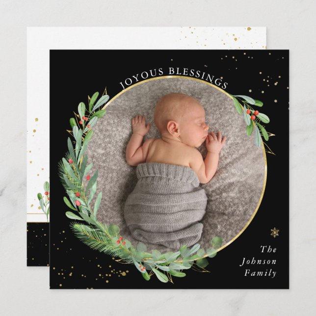 Watercolor Christmas Greenery Joyous Blessings Holiday Card (Front/Back)