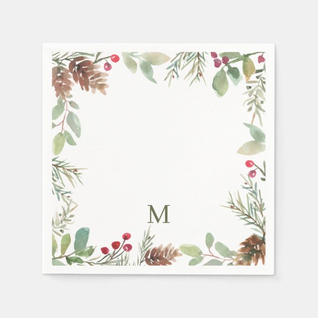 Watercolor Christmas Greenery Monogram Napkin (Front)