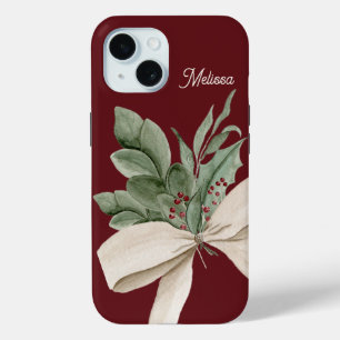 Watercolor Christmas Greenery Personalised iPhone 15 Case