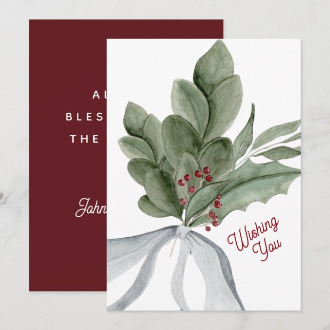 Watercolor Christmas Greenery Personalised Holiday Card (Front/Back)