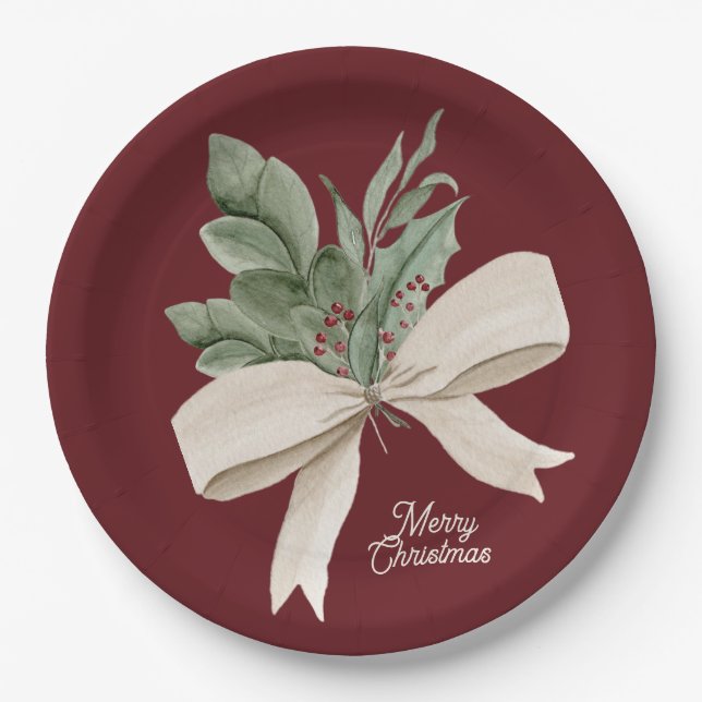 Watercolor Christmas Greenery Personalised Paper Plate (Front)