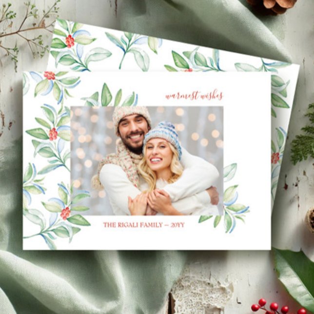 Watercolor Christmas Greenery Photo Card (Photo Christmas cards watercolor red and green botanical art by Victoria Grigaliunas VG Invites)