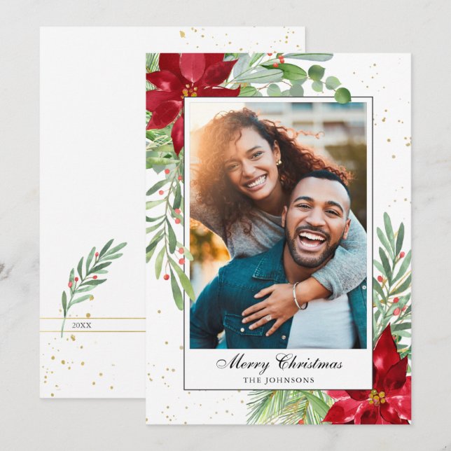 Watercolor Christmas Greenery Poinsettia Holiday  (Front/Back)