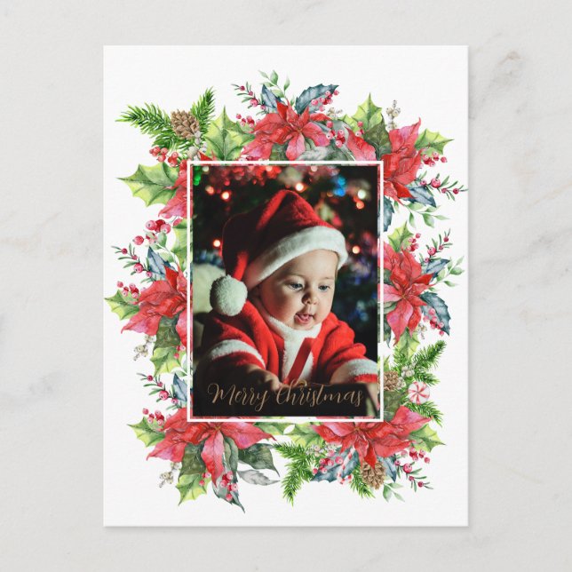 Watercolor Christmas greenery with poinsettia Post Postcard (Front)