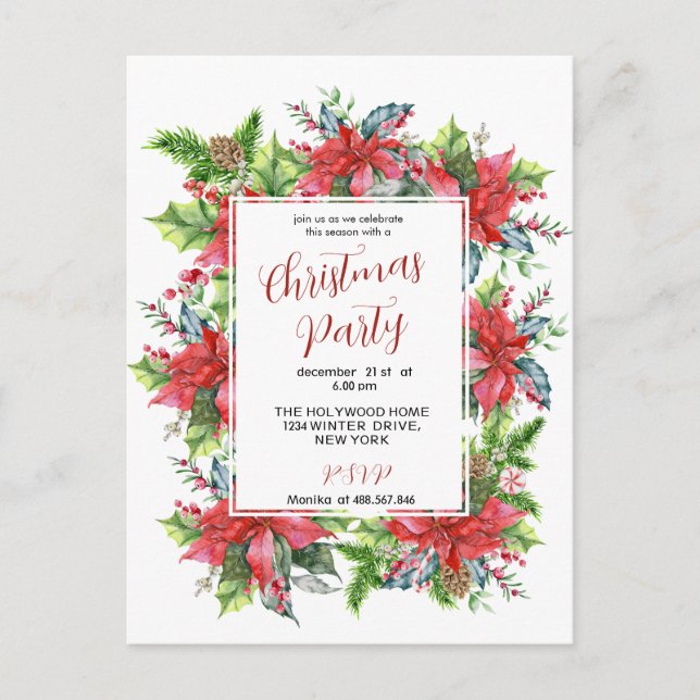 Watercolor Christmas greenery with poinsettia Postcard (Front)