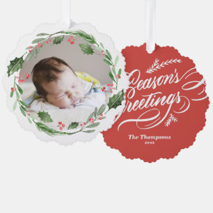 Watercolor Christmas Greenery Wreath Baby Photo Tree Decoration Card