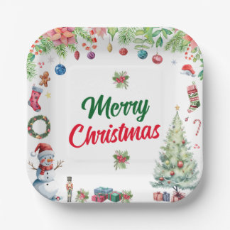 Watercolor Christmas Holiday Party Paper Plate