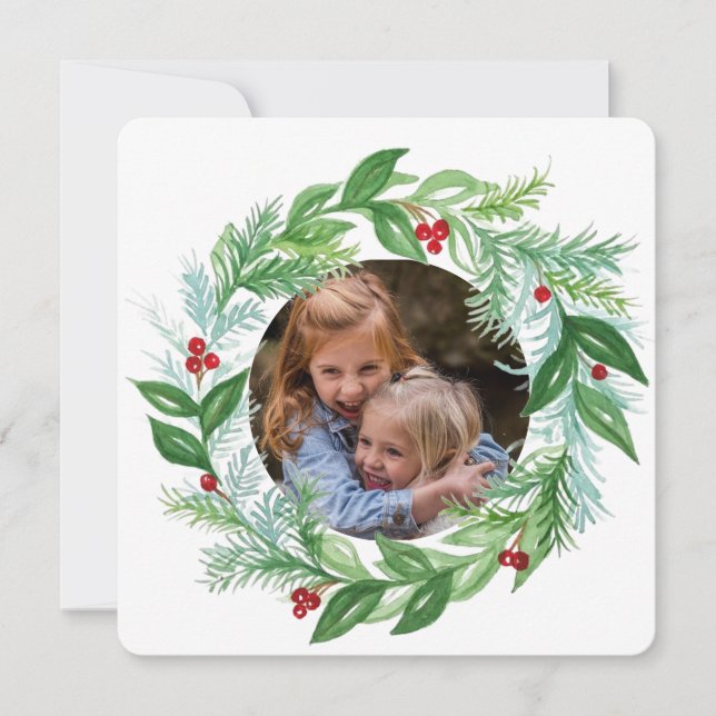 Watercolor Christmas Holiday PHOTO Wreath card (Front)