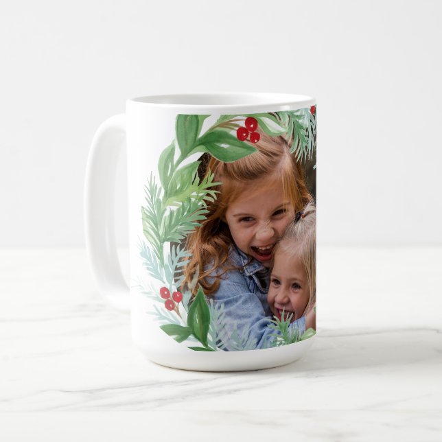Watercolor Christmas Holiday PHOTO Wreath Coffee Mug (Front Left)