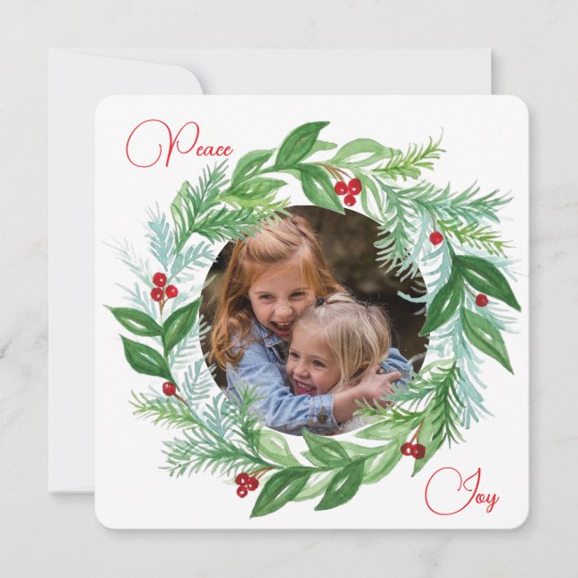Watercolor Christmas Holiday PHOTO Wreath Peace Card (Front)