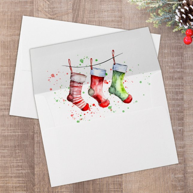 Watercolor Christmas Holiday Simple Stockings Envelope (Watercolor Christmas holiday red and green stockings. )