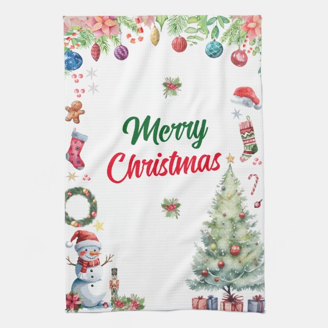 Watercolor Christmas Holiday  Tea Towel (Vertical)