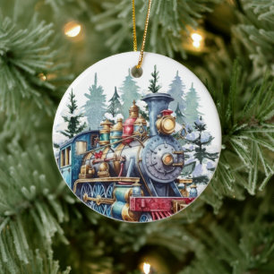 watercolor Christmas Holiday train add message  Ceramic Tree Decoration