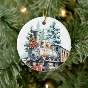 watercolor Christmas Holiday train add message Ceramic Tree Decoration