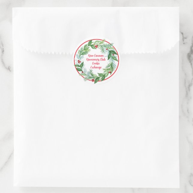 Watercolor Christmas Holiday Wreath Cookie Exchang Classic Round Sticker (Bag)