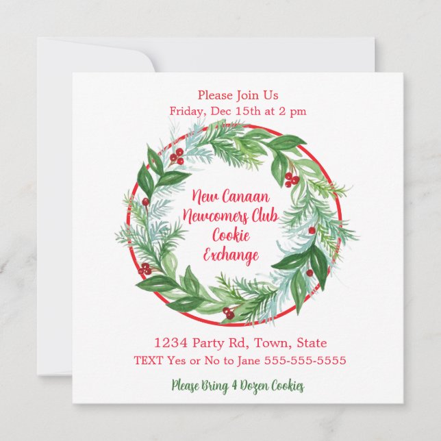 Watercolor Christmas Holiday Wreath CUSTOM Invitation (Front)