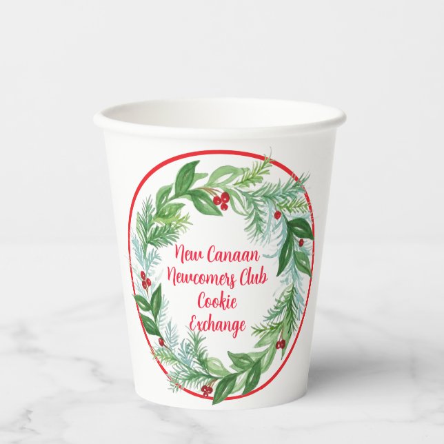 Watercolor Christmas Holiday Wreath CUSTOM Paper Cups (Front)