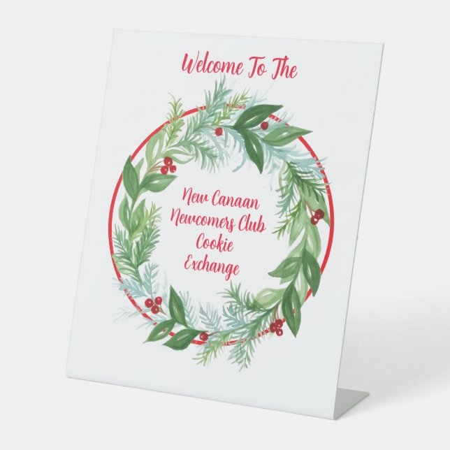 Watercolor Christmas Holiday Wreath EVENT Pedestal Sign (Front)