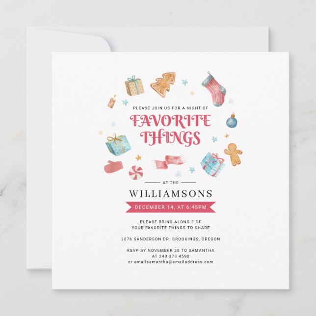 Watercolor Christmas Holidays Favourite Things Invitation (Front)