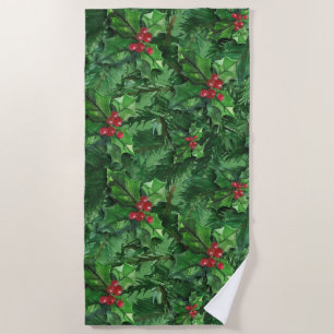 Watercolor Christmas Holly Berries Beach Towel