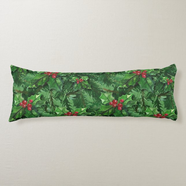 Watercolor Christmas Holly Berries Body Cushion (Front)