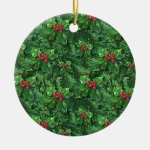 Watercolor Christmas Holly Berries Ceramic Tree Decoration