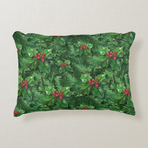 Watercolor Christmas Holly Berries Decorative Cushion