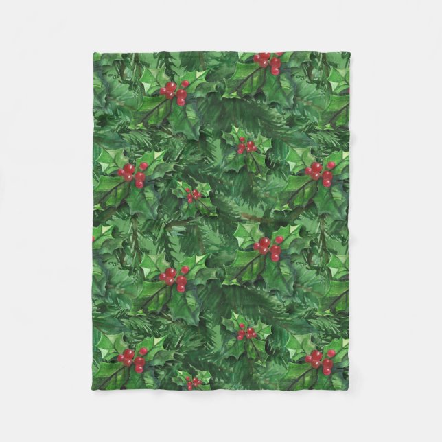 Watercolor Christmas Holly Berries Fleece Blanket (Front)