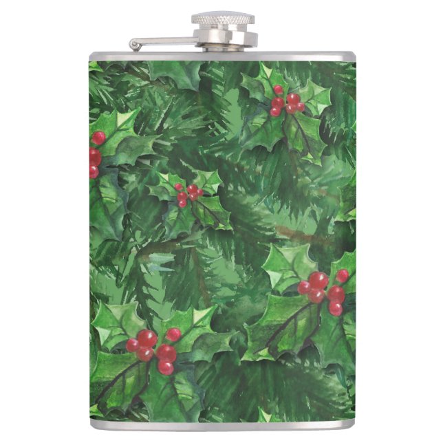 Watercolor Christmas Holly Berries Hip Flask (Front)