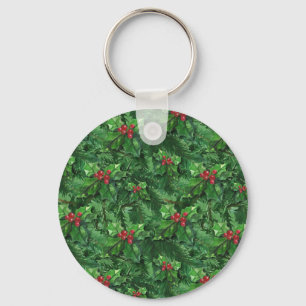 Watercolor Christmas Holly Berries Key Ring