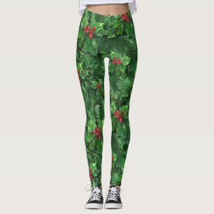 Watercolor Christmas Holly Berries Leggings