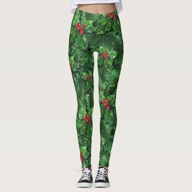 Watercolor Christmas Holly Berries Leggings (Front)