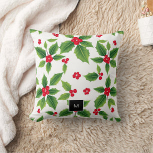 Watercolor christmas holly berries monogrammed cushion