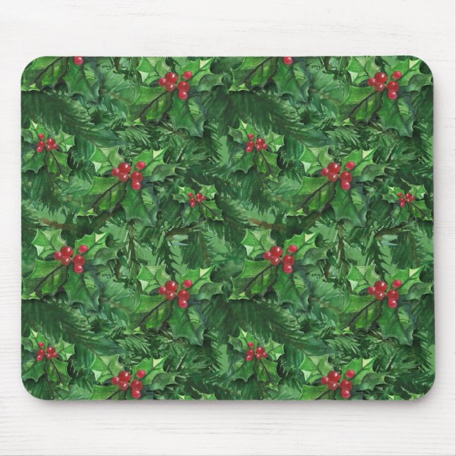 Watercolor Christmas Holly Berries Mouse Mat (Front)