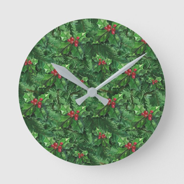 Watercolor Christmas Holly Berries Round Clock (Front)