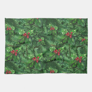 Watercolor Christmas Holly Berries Tea Towel