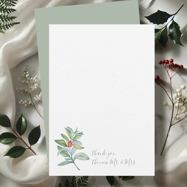 Watercolor Christmas Holly & Berries Thank You  Card (Christmas thank you card watercolor botanical art by Victoria Grigaliunas of Do Tell A Belle)
