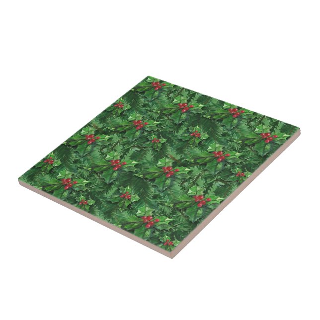 Watercolor Christmas Holly Berries Tile (Side)