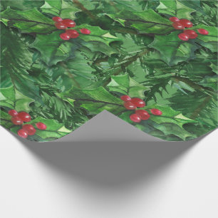 Watercolor Christmas Holly Berries Wrapping Paper